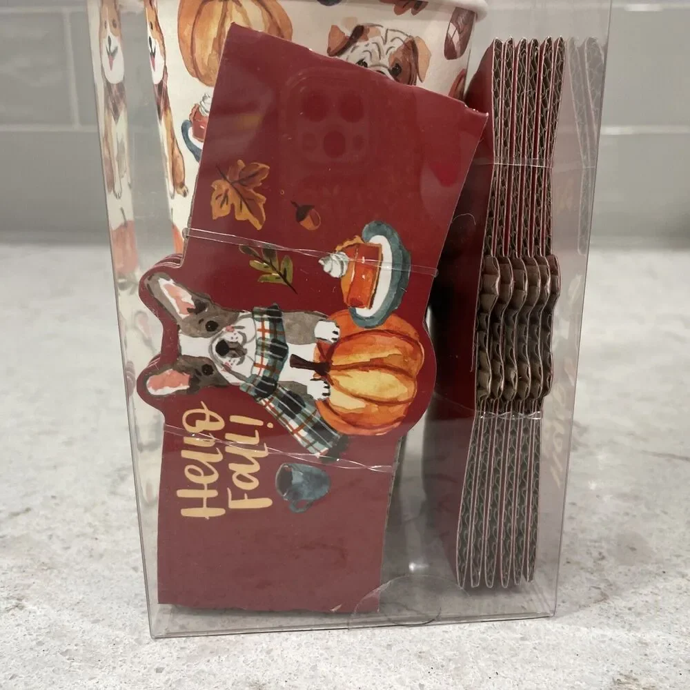 FALL DOGS Set of 12 Travel 16oz Disposable Cups Lids Sleeves Football Pumpkins